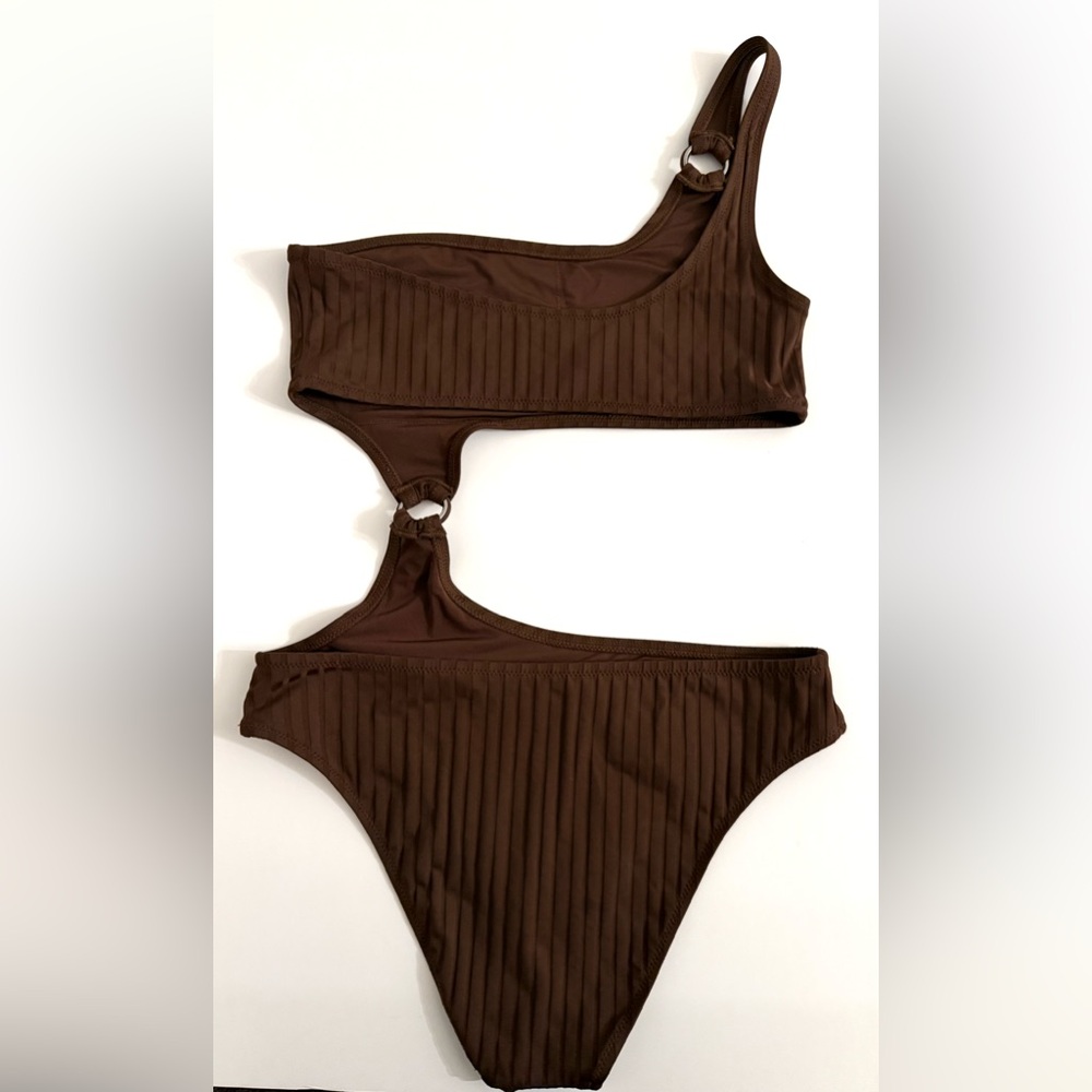 Aerie Wide Rib Cut Out One Shoulder Ring One Piece Swimsuit Brown Medium - Picture 8 of 13